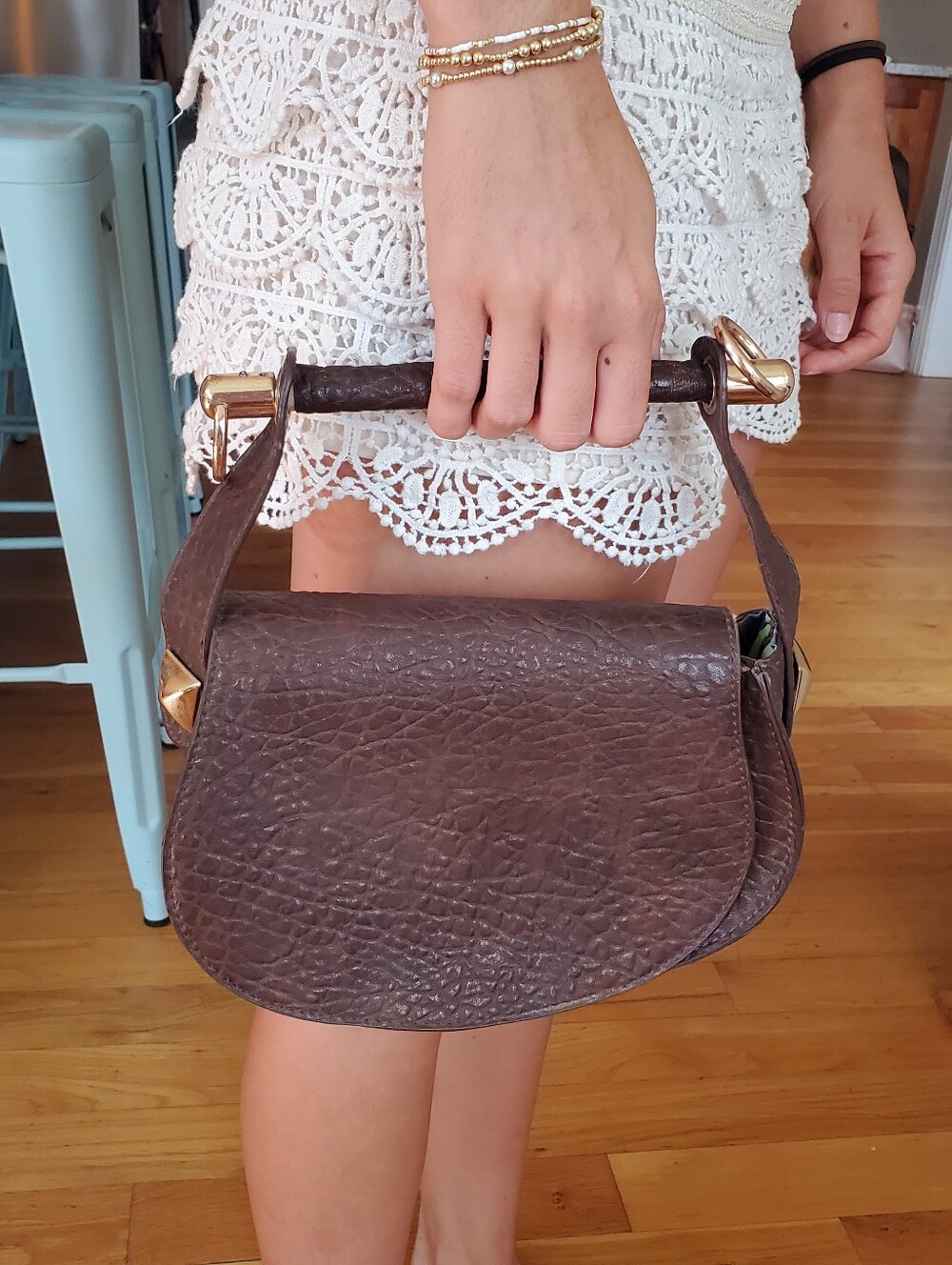 Brown Vegan Leather Sadlebag Handbag with Gold Accent